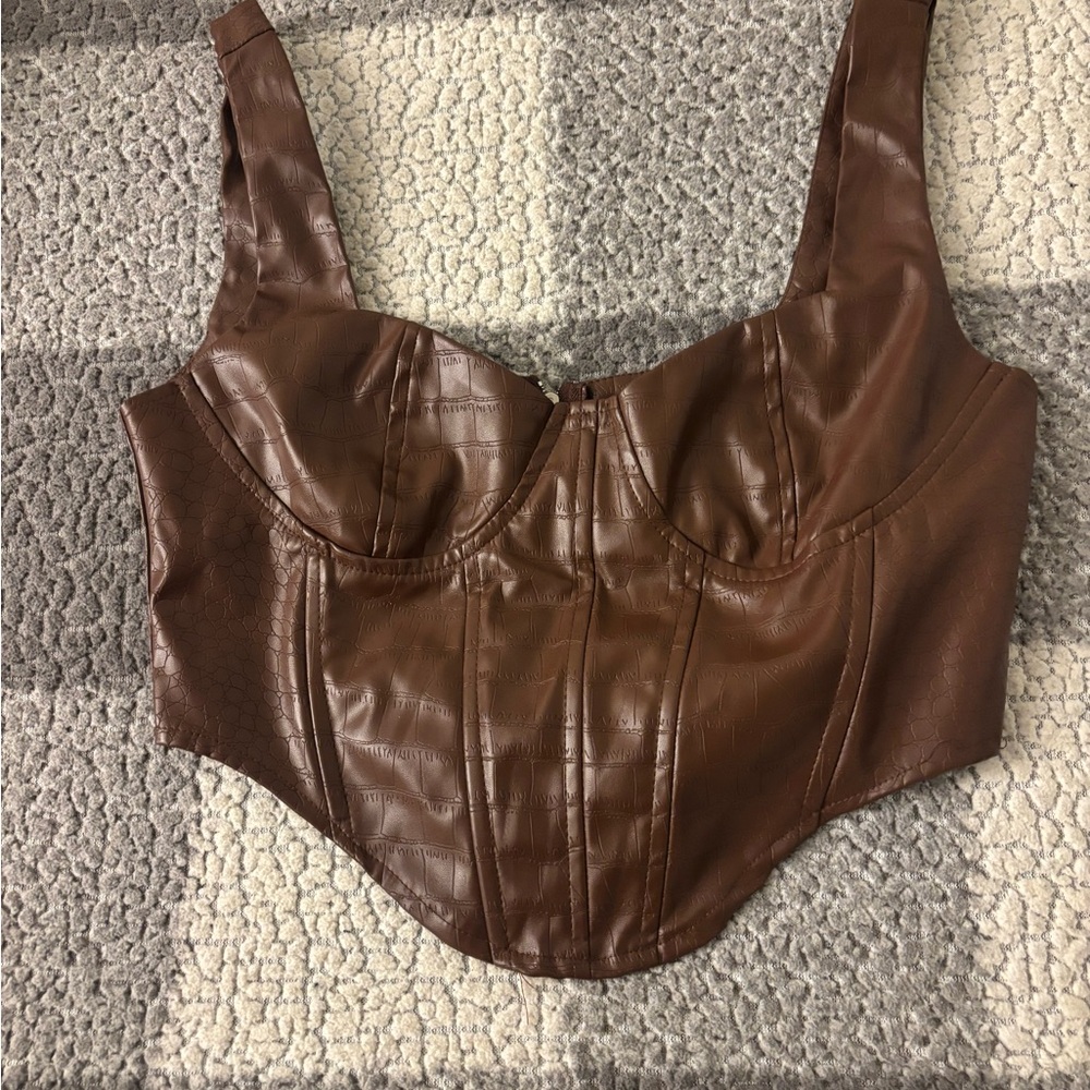 PrettyLittleThing Chocolate Faux Leather Crop Top